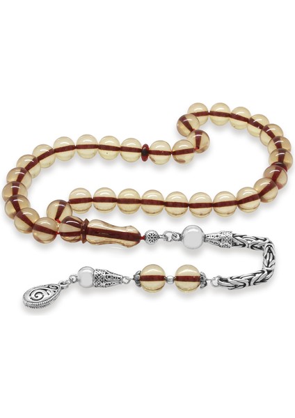 925 Ayar Gümüş Kral Zincir Püsküllü Küre Kesim Kırmızı Imame Kombinli Şeffaf Ateş Kehribar Tesbih