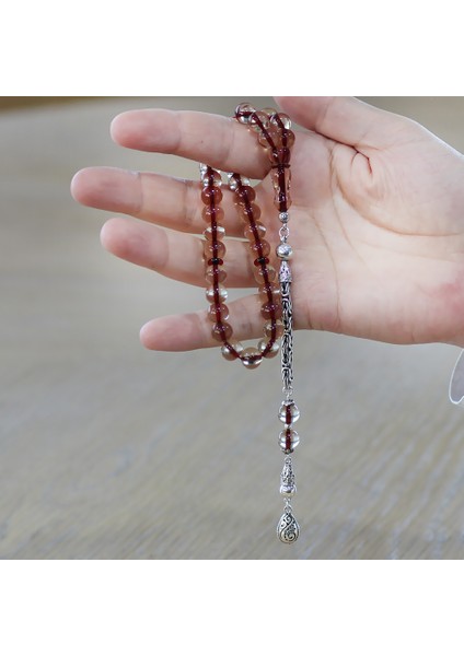 925 Ayar Gümüş Kral Zincir Püsküllü Küre Kesim Kırmızı Imame Kombinli Şeffaf Ateş Kehribar Tesbih modelleri