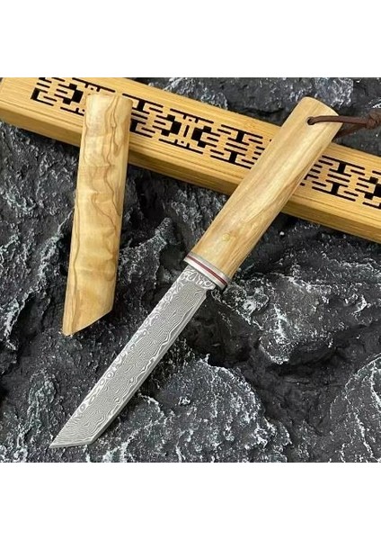 Damascus Tanto Japon Edc Zeytin Ağacı Sap