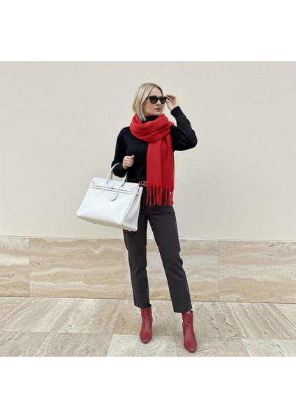 Klein Soft Touch Püskül Detaylı Yün Dokulu Premium Kışlık Şal Saçaklı Atkı