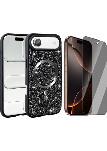 iPhone 17 Air Kılıf Pırlanta Tasarımlı M-Safe Şarj Özellikli Zore Mozaik Silikon Kapak + Hayalet Ekran Koruyucu