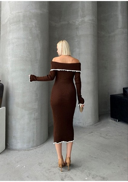 Madonna Yaka Kadın Triko Midi Elbise Ekru modelleri