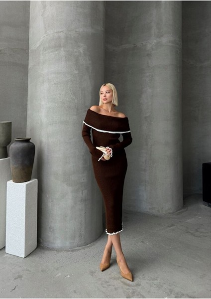 Madonna Yaka Kadın Triko Midi Elbise Ekru fırsatları