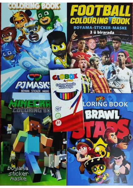 4 Adet Stickerli Boyama Kitabı ve 12 Li Kuru Boya Kalemi (Brawlstars/pijamask/futbolcular/minecraft)