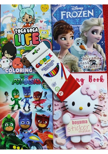 4 Adet Stickerli Boyama Kitabı 12 Li Kuru Boya Kalemi Hediyeli (H.kitty/frozen/toca B./PIJAMASKE)X03