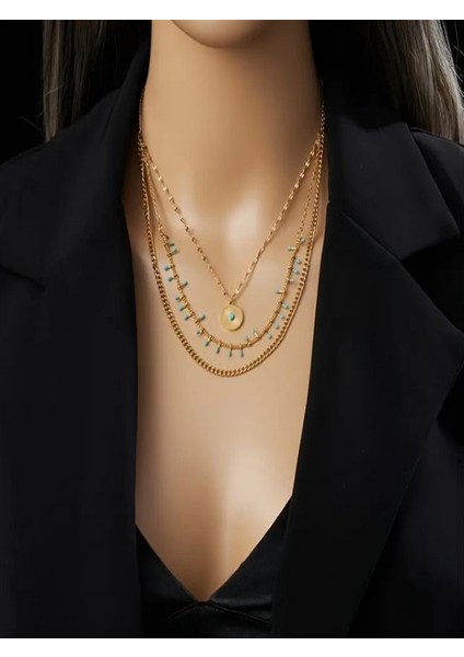 Paslanmaz Çelik Boho Mavi Taşlı Kombin Kolye SETI-18K Altın Kaplama