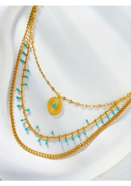 Paslanmaz Çelik Boho Mavi Taşlı Kombin Kolye SETI-18K Altın Kaplama modelleri