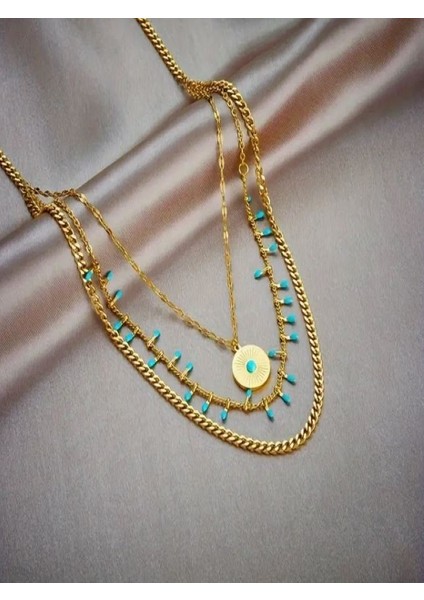 Paslanmaz Çelik Boho Mavi Taşlı Kombin Kolye SETI-18K Altın Kaplama fırsatları