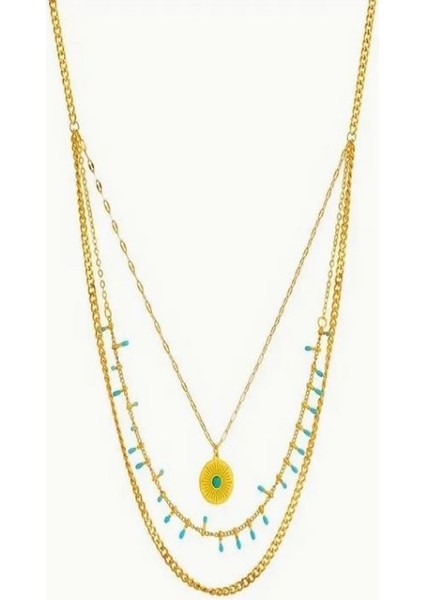 Paslanmaz Çelik Boho Mavi Taşlı Kombin Kolye SETI-18K Altın Kaplama