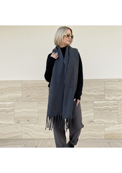 Klein Soft Touch Püskül Detaylı Yün Dokulu Premium Kışlık Şal Saçaklı Atkı