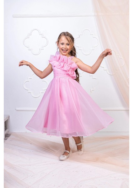 Kız Çocuk Tek Omuz Fırfır Detaylı Abiye Elbise