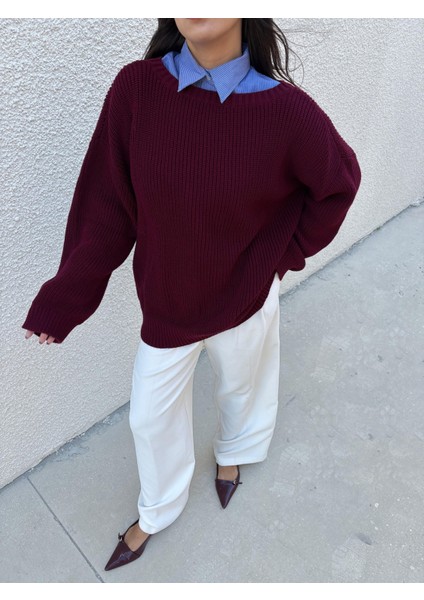 Kadın Bordo Oversize Selanik Örgü Triko Kazak 30057