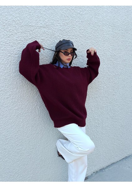 Kadın Bordo Oversize Selanik Örgü Triko Kazak 30057 fiyatları