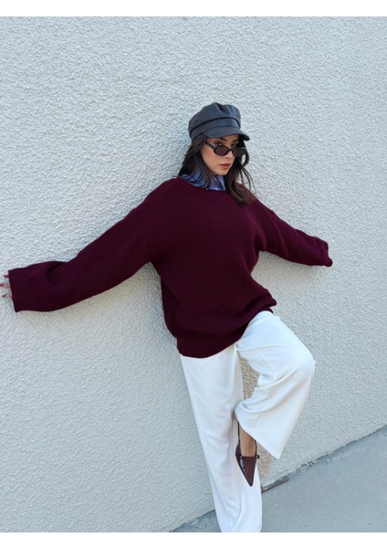 Kadın Bordo Oversize Selanik Örgü Triko Kazak 30057 modelleri