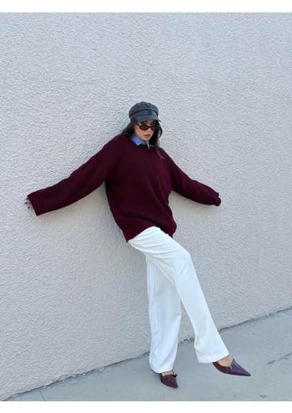 Kadın Bordo Oversize Selanik Örgü Triko Kazak 30057 fırsatları