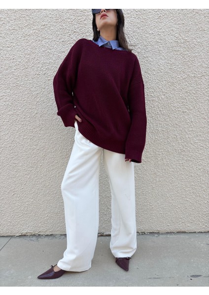 Kadın Bordo Oversize Selanik Örgü Triko Kazak 30057 indirimleri