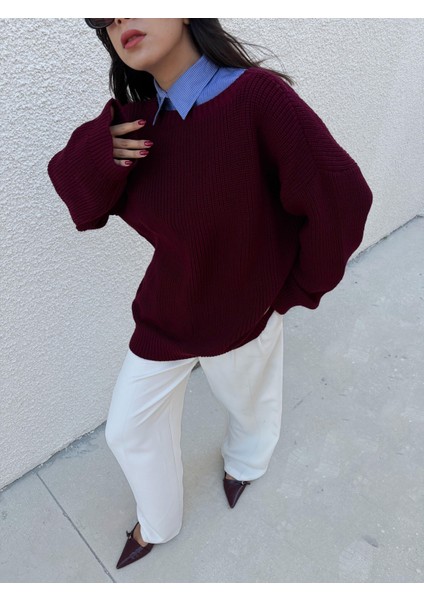 Kadın Bordo Oversize Selanik Örgü Triko Kazak 30057