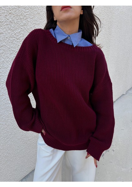 Kadın Bordo Oversize Selanik Örgü Triko Kazak 30057