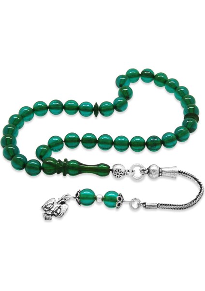 925 Ayar Gümüş Püsküllü Küre Kesim Bilek Boy Turkuaz Ateş Kehribar Tesbih