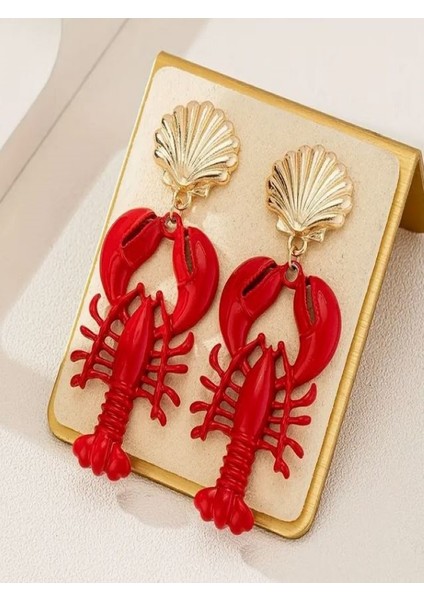 Şık Kırmızı Istakoz Küpe-Kc Altın Kaplama