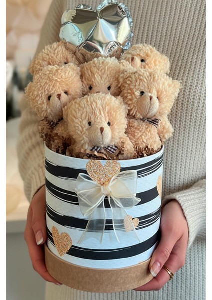 Premium Silindir Hediye Kutusunda, Kalpli Balonlu 6’lı Taba Ayıcık Buketi, Öğretmenler Günü Hediyesi - Sınıf Öğretmenine Hediye fiyatları