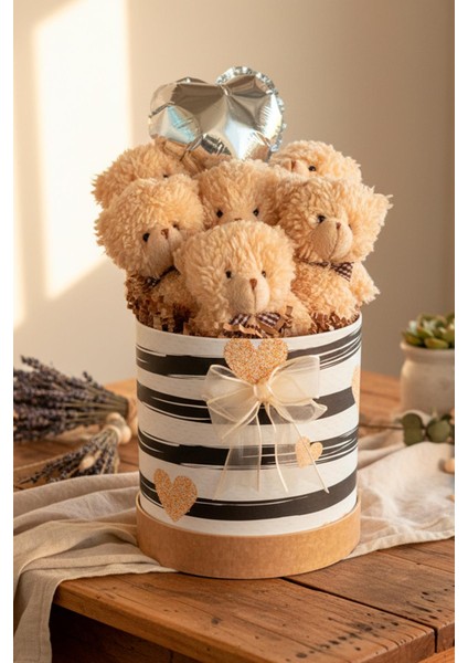 Premium Silindir Hediye Kutusunda, Kalpli Balonlu 6’lı Taba Ayıcık Buketi, Öğretmenler Günü Hediyesi - Sınıf Öğretmenine Hediye fırsatları