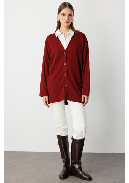 Ekstra Oversize Düşük Kol Basic Bordo Ince Triko Hırka