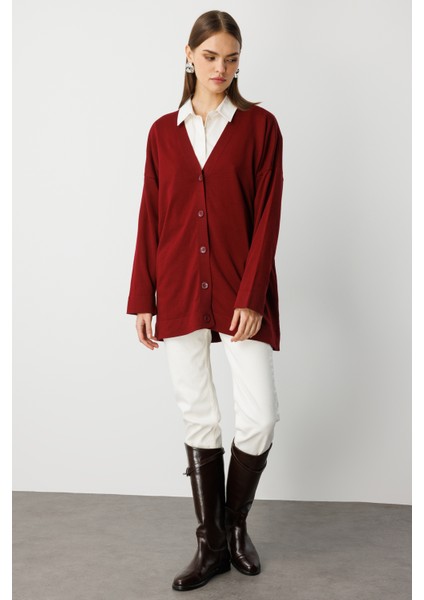 Ekstra Oversize Düşük Kol Basic Bordo Ince Triko Hırka fiyatları