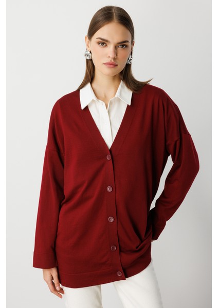 Ekstra Oversize Düşük Kol Basic Bordo Ince Triko Hırka modelleri