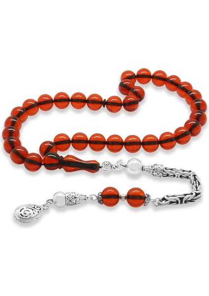 925 Ayar Gümüş Kral Zincir Püsküllü Küre Kesim Kırmızı Ateş Kehribar Tesbih