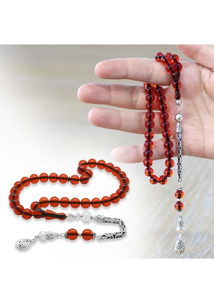 925 Ayar Gümüş Kral Zincir Püsküllü Küre Kesim Kırmızı Ateş Kehribar Tesbih fiyatları