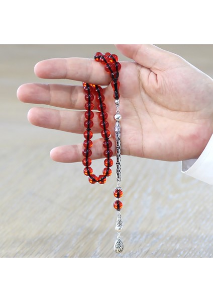 925 Ayar Gümüş Kral Zincir Püsküllü Küre Kesim Kırmızı Ateş Kehribar Tesbih modelleri