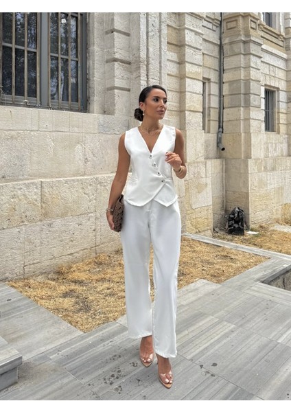 Kadın Sıfır Kollu Çapraz V Yakalı Önden Düğmeli Atlas Yelek ve Pantolon Ikili Takım