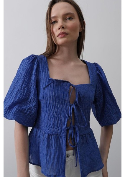 Kare Yaka Balon Kol Bluz - Mavi modelleri