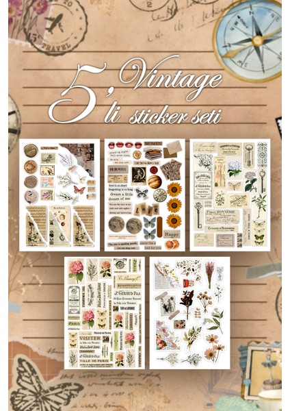 5 Sayfa Vintage Sticker Seti Planner Ajanda Bullet Journal Için Uygun Set