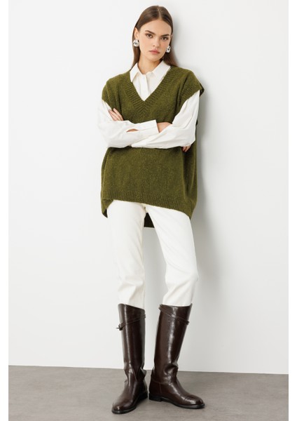 Ekstra Oversize V Yaka Uzun Haki Süveter indirimleri