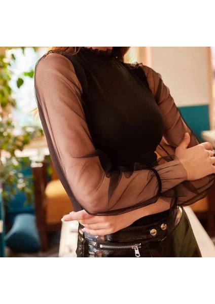 Kadın Kolları Tül Detaylı Örme Krep Kumaş Bluz fiyatları