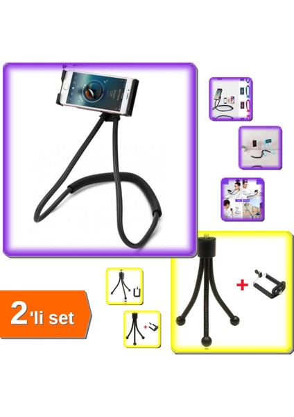 Boyun Telefon Tutucu + Mini Telefon Kamera Triipod - 2li Set XYZ789