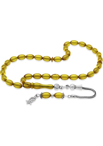 Ateş Kehribar Tesbih - 925 Ayar Gümüş Püsküllü - Mini Boy - Sarı Renk - Arpa Kesim