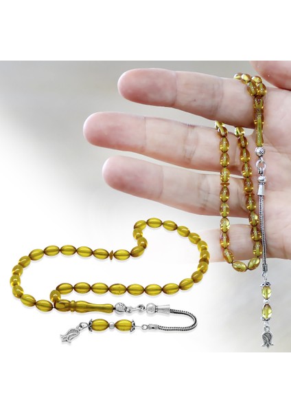 Ateş Kehribar Tesbih - 925 Ayar Gümüş Püsküllü - Mini Boy - Sarı Renk - Arpa Kesim fiyatları