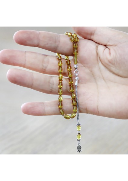 Ateş Kehribar Tesbih - 925 Ayar Gümüş Püsküllü - Mini Boy - Sarı Renk - Arpa Kesim fırsatları