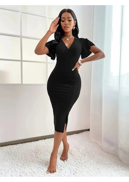 Kadın Kısa Kollu Derin Dekolte V Yakalı Yırtmaçlı Midi Janjan Krep Elbise