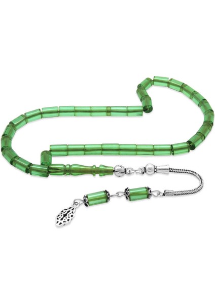 925 Ayar Gümüş Püsküllü Kesme Kesim Mini Boy Açık Yeşil Ateş Kehribar Tesbih