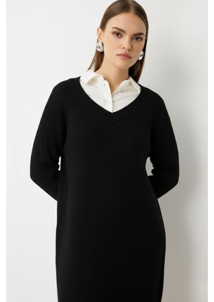 V Yaka Oversize Yırtmaçlı Siyah Uzun Triko Elbise fırsatları