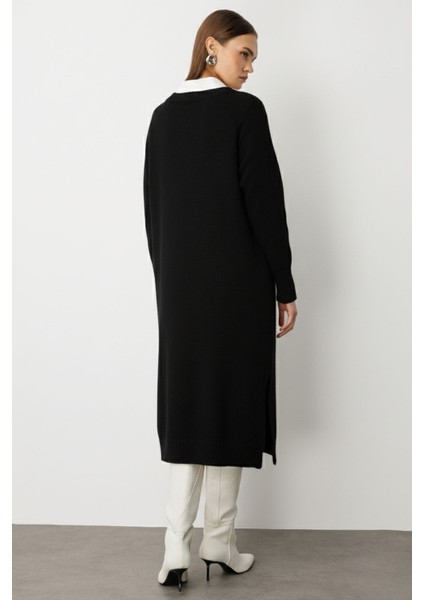 V Yaka Oversize Yırtmaçlı Siyah Uzun Triko Elbise indirimleri
