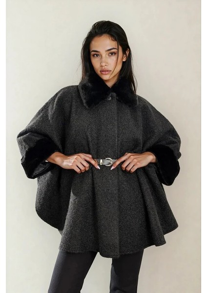 Kadın Kürk Yaka Manşet Detaylı Panço Kaban Kemerli Pelerin Ceket Kaşe