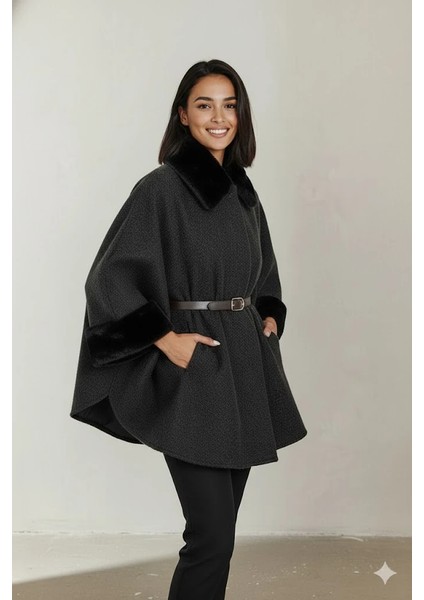 Kadın Kürk Yaka Manşet Detaylı Panço Kaban Kemerli Pelerin Ceket Kaşe fiyatları