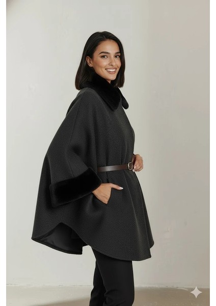 Kadın Kürk Yaka Manşet Detaylı Panço Kaban Kemerli Pelerin Ceket Kaşe modelleri