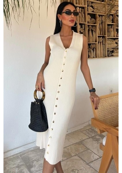 Önü Düğmeli Fitilli Kolsuz Elbise 2832