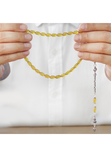 925 Ayar Gümüş Kral Zincir Püsküllü Özel Kesim Sedefli Sarı Ateş Kehribar Tesbih fırsatları